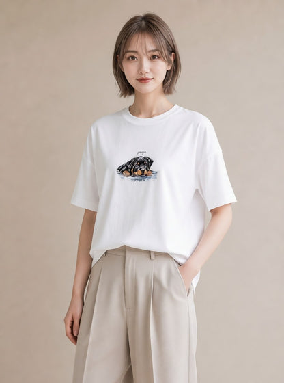 グラフィックTシャツ レディース 黒柴 犬 いぬ イラスト 抜け感 在宅 公園 白T YMAZO