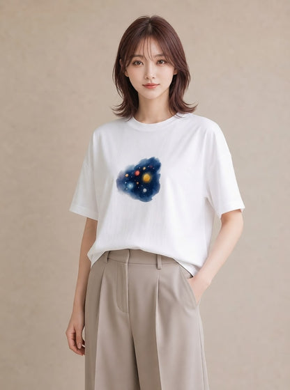 プリントTシャツ レディース プラネット 星空 宇宙 イラスト ニュアンス カフェ服 クリスマス 白T YMAZO
