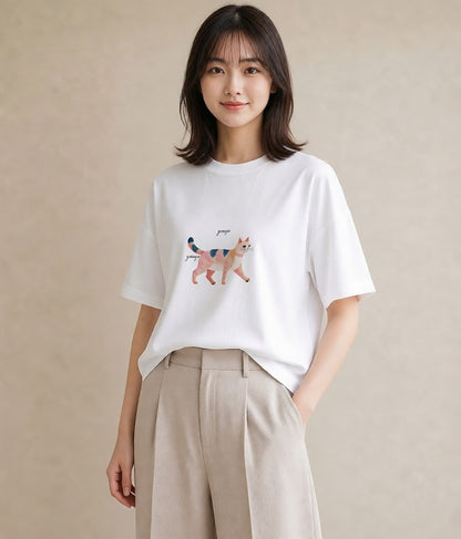 Tシャツ レディース 猫 ねこ イラスト カフェコーデ 女性 旅行用 白T YMAZO