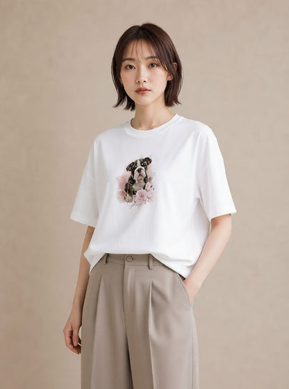 デザインTシャツ レディース 子犬 犬 いぬ イラスト 北欧風 海 カフェ巡り 白T YMAZO