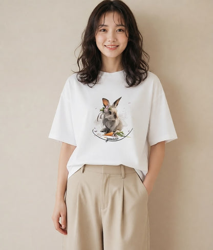 半袖Tシャツ レディース ウサギ系野生 動物 アニマル イラスト ナチュラル ホワイトデー 春服 白T YMAZO