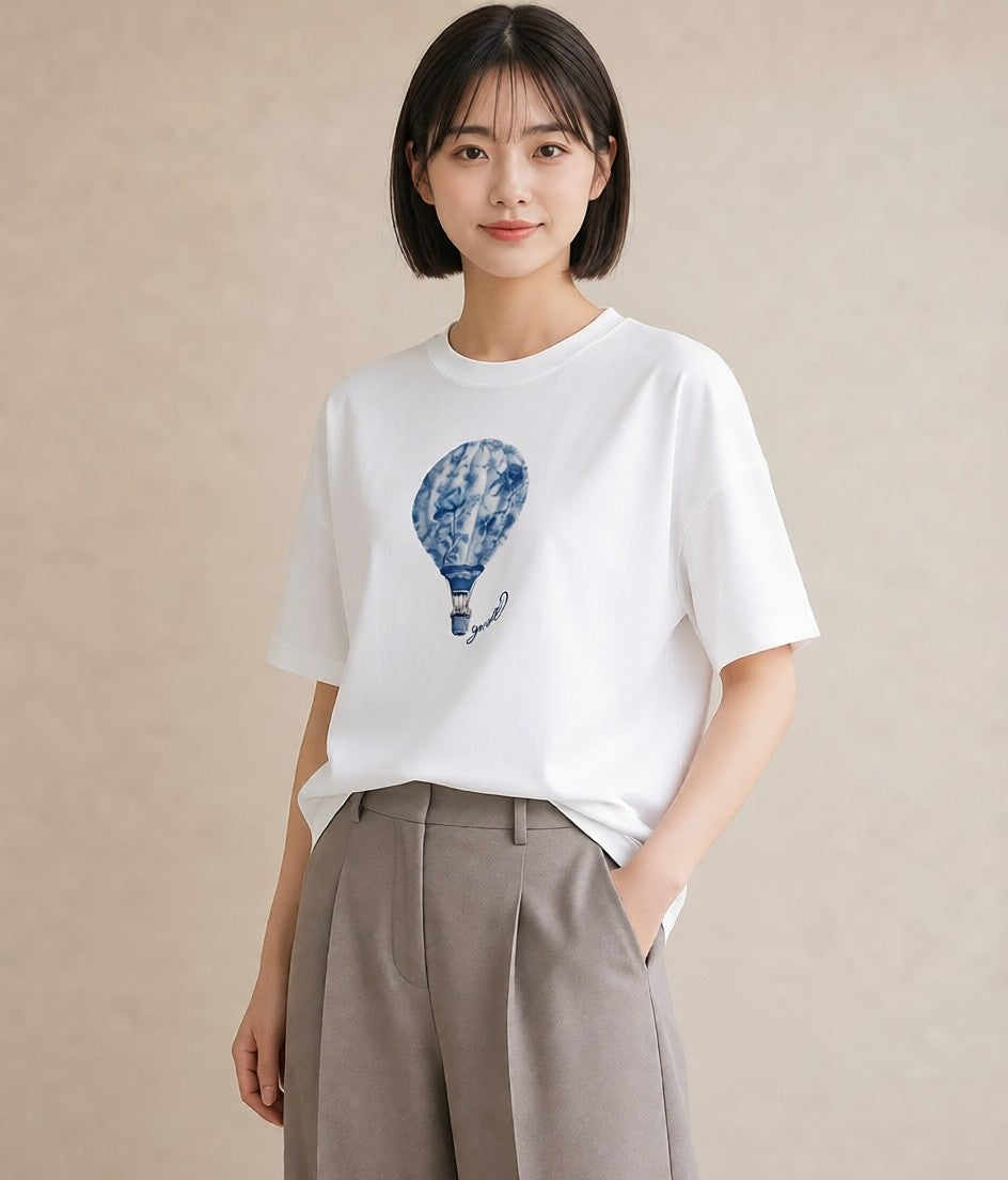 半袖Tシャツ レディース 気球 星空 宇宙 イラスト 可愛い 春服 ミセス 白T YMAZO