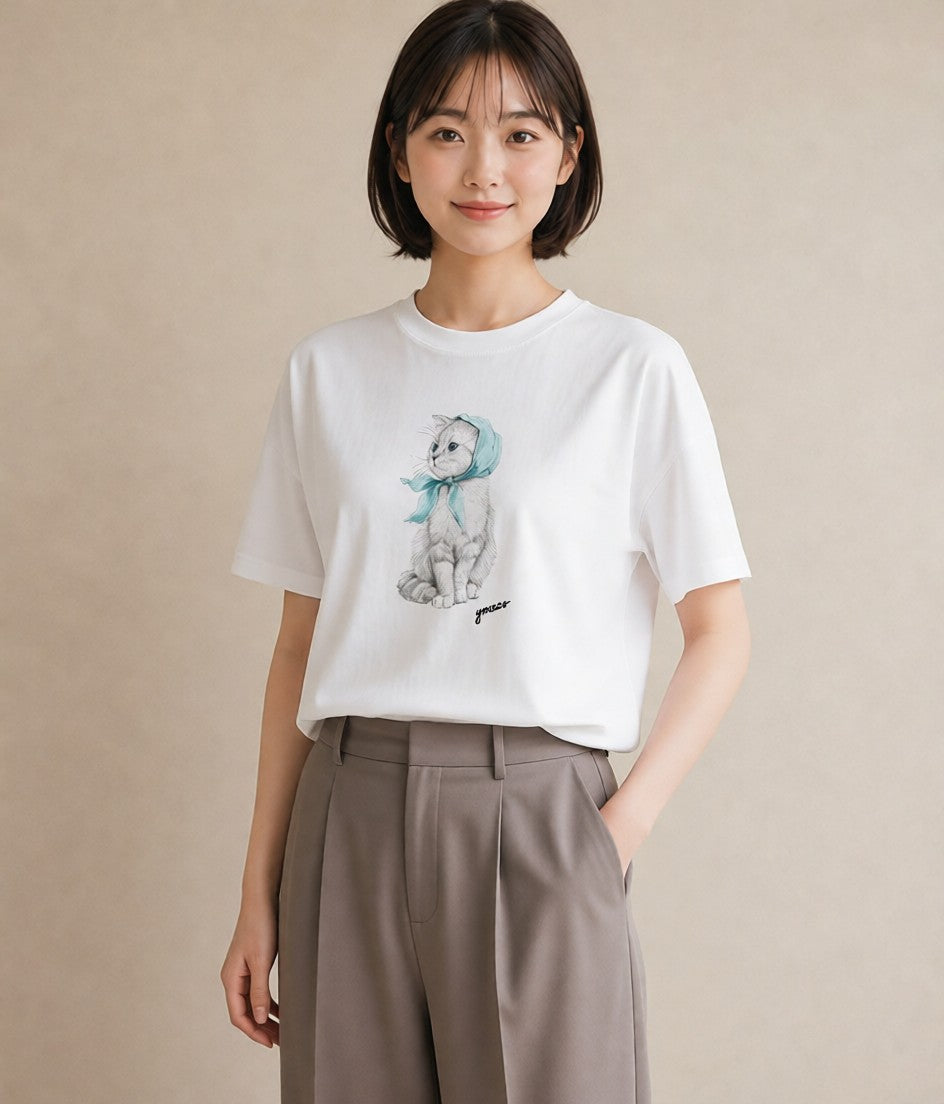 デザインTシャツ レディース スコティッシュフォールド 猫 ねこ イラスト 抜け感 社会人 女性 白T YMAZO