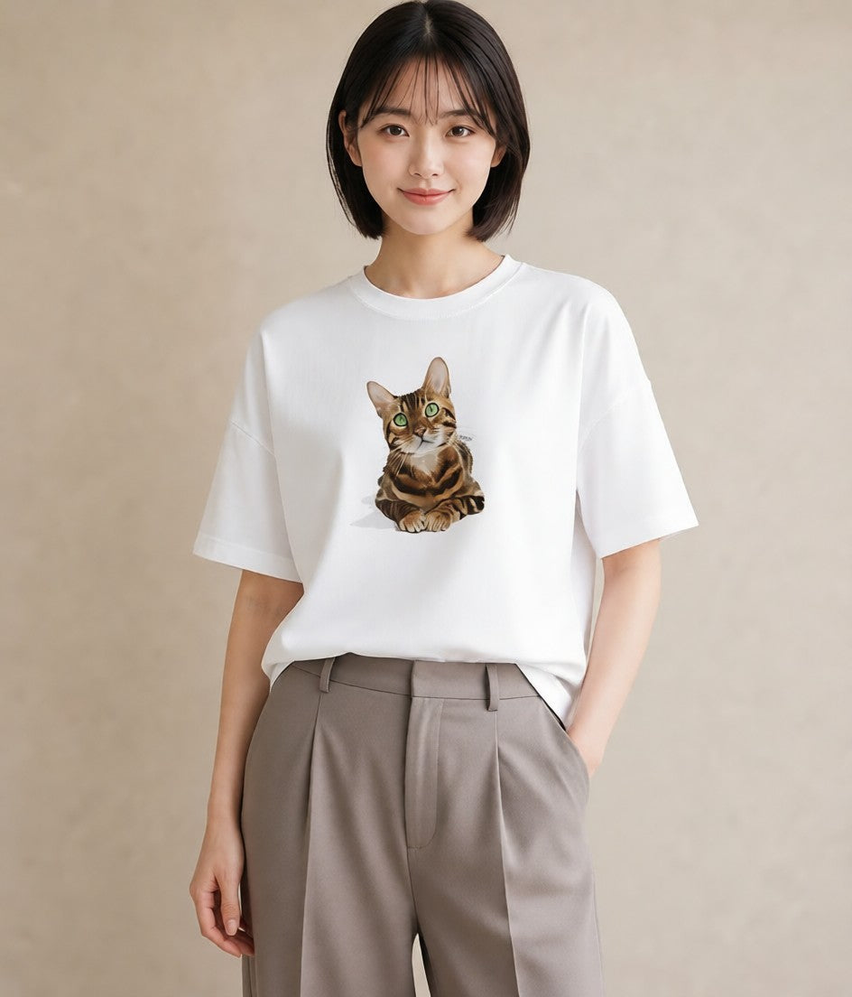 グラフィックTシャツ レディース 茶トラ 茶猫 猫 ねこ イラスト 普段使い 買い物 夏コーデ 白T YMAZO