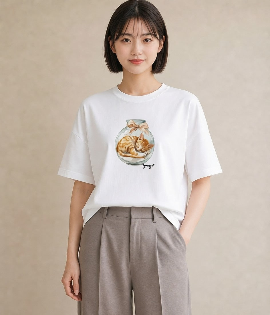 Tシャツ レディース キジトラ 猫 ねこ イラスト 線画 クリスマス 旅行 白T YMAZO