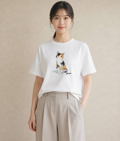 半袖Tシャツ レディース 白猫 猫 ねこ イラスト ミニマル 20代 カジュアルコーデ 白T YMAZO