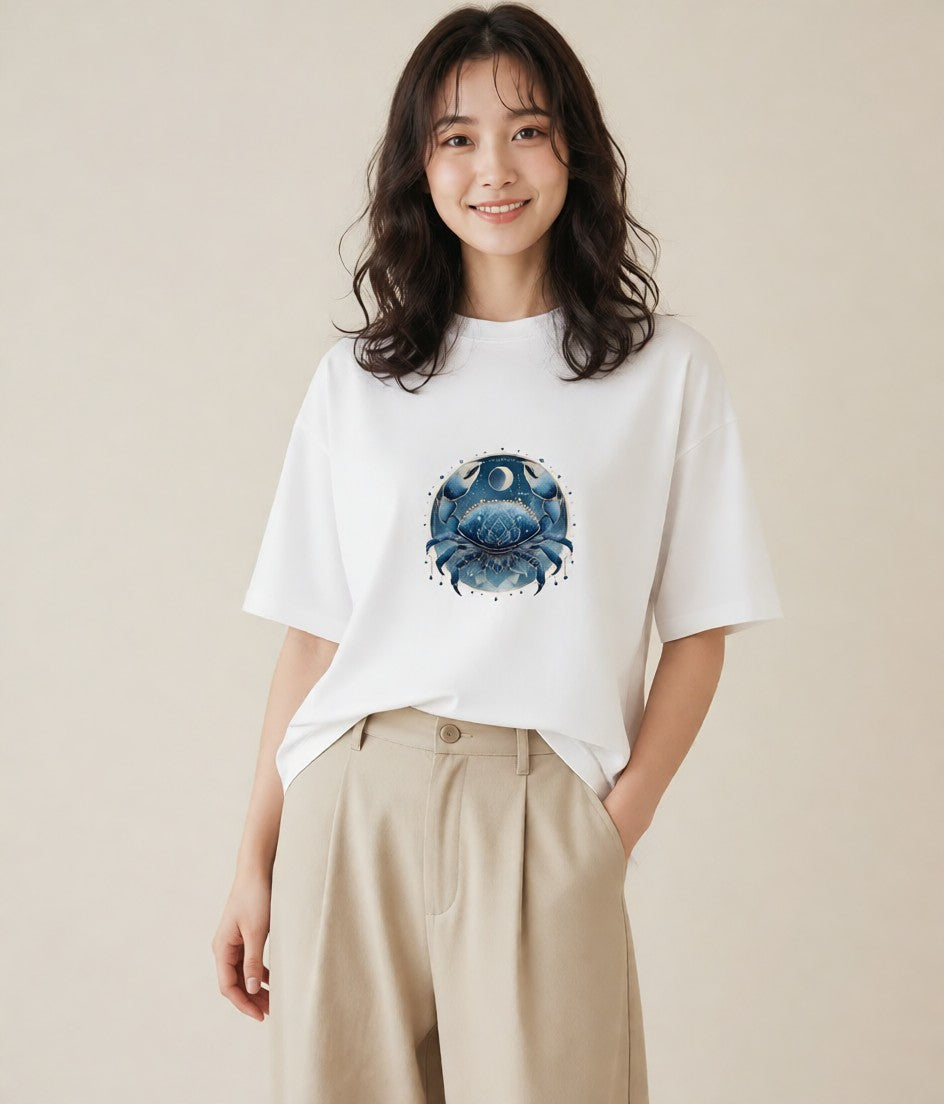 グラフィックTシャツ レディース 蟹座 星空 宇宙 イラスト モード 綿100 デート 白T YMAZO