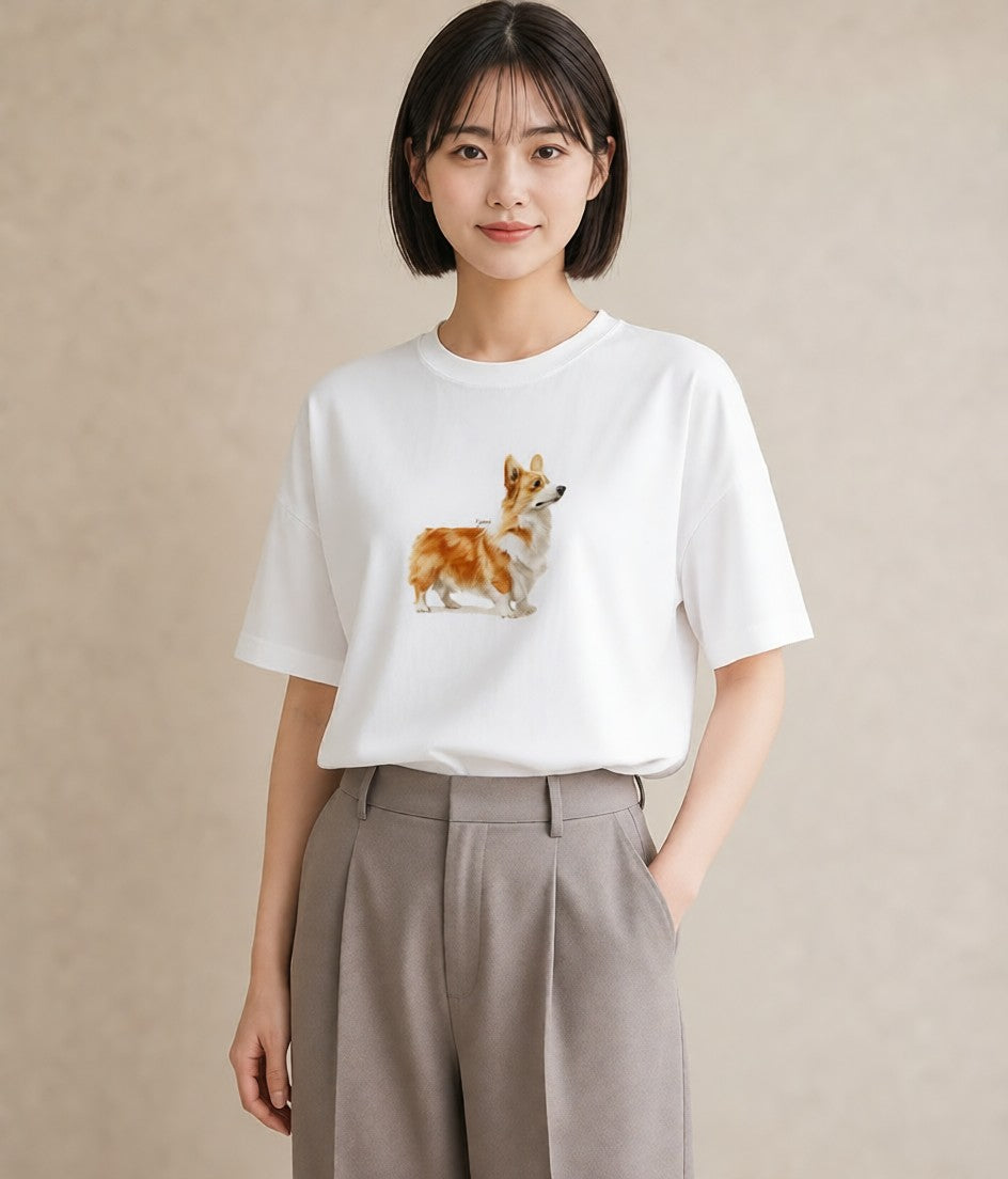 デザインTシャツ レディース ウェルシュコーギー コーギー 犬 いぬ イラスト カジュアル 秋コーデ おしゃれギフト 白T YMAZO