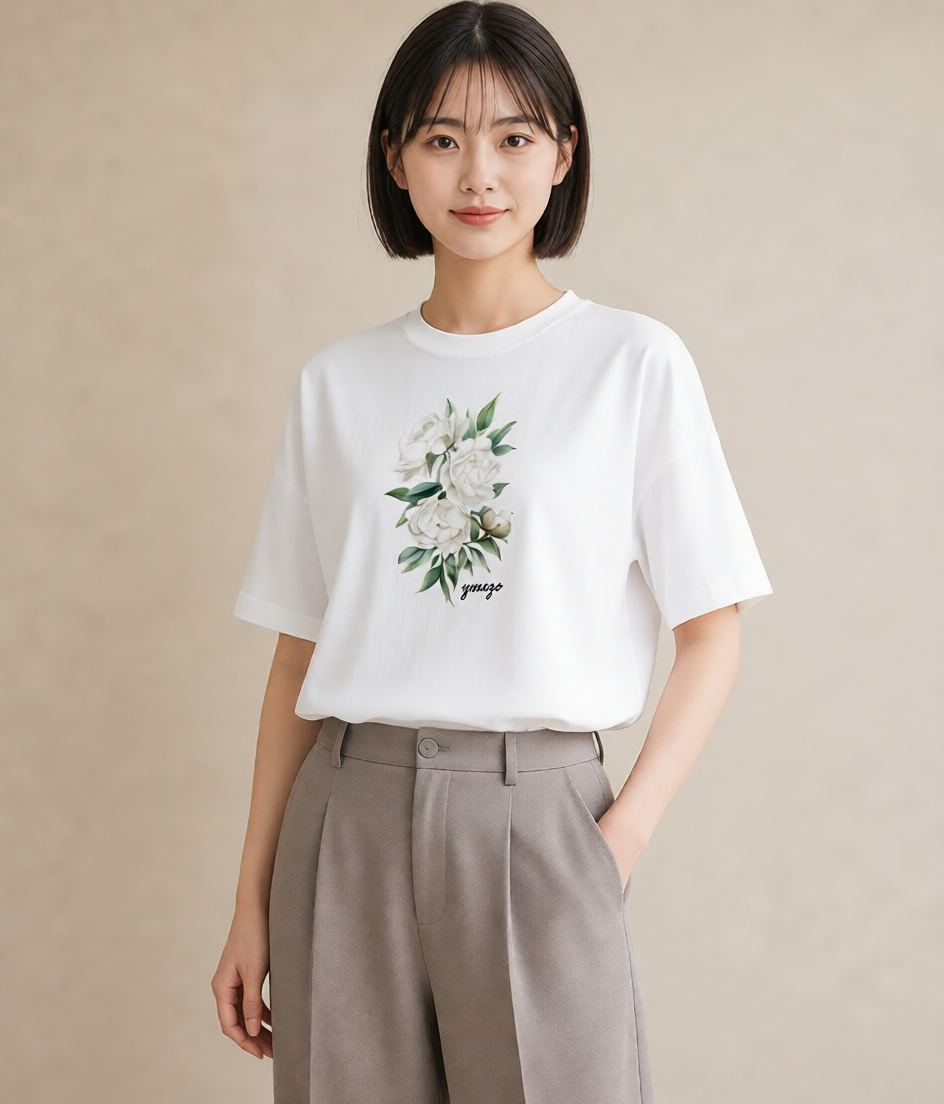 プリントTシャツ レディース 椿 花 花柄 イラスト シック ギフト 母の日 白T