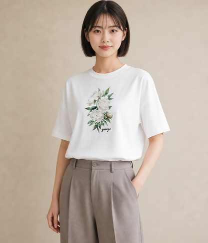 プリントTシャツ レディース 椿 花 花柄 イラスト シック ギフト 母の日 白T