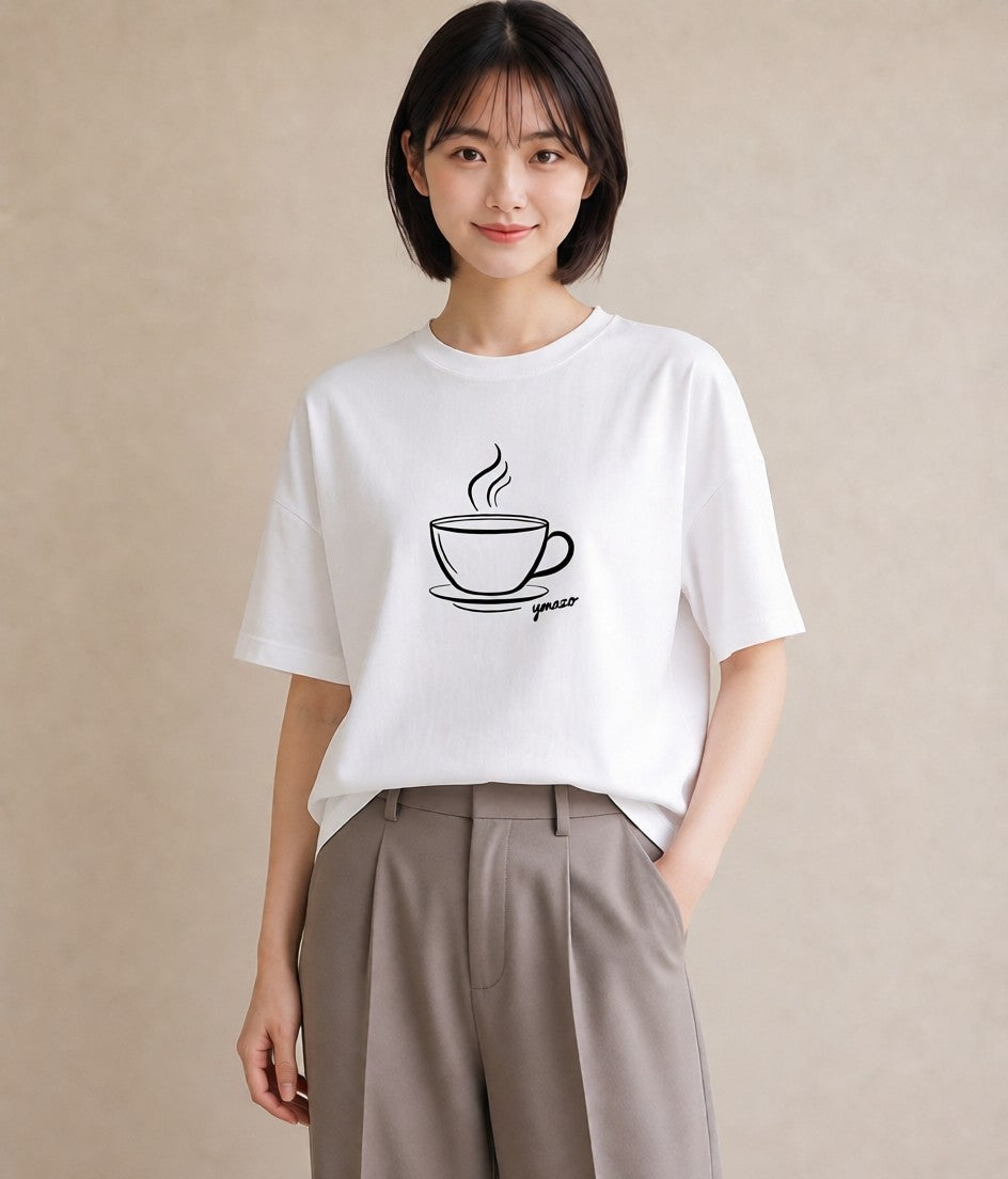 プリントTシャツ レディース コーヒー カフェ 珈琲 イラスト 通勤 在宅 白T YMAZO
