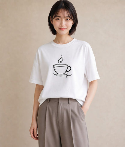 プリントTシャツ レディース コーヒー カフェ 珈琲 イラスト 通勤 在宅 白T YMAZO