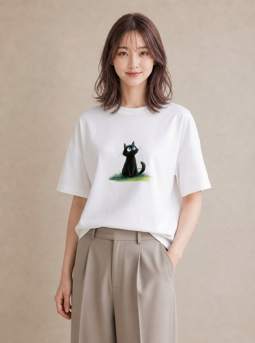 デザインTシャツ レディース ロシアンブルー 猫 ねこ イラスト ユニーク ママ カフェ服 白T YMAZO