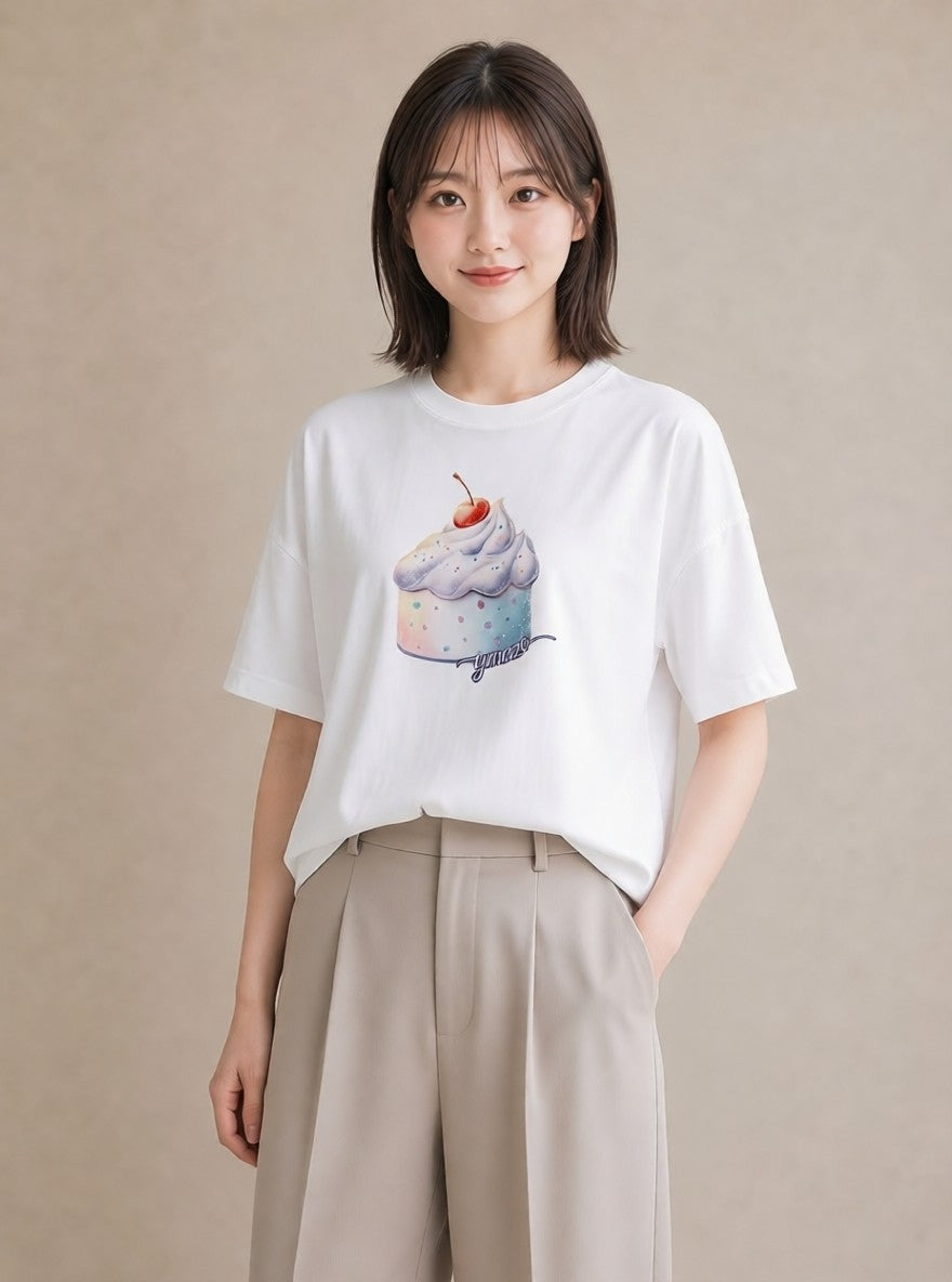 プリントTシャツ レディース アイス 食べ物 フード イラスト きれいめ 帰省 ラフ 白T YMAZO