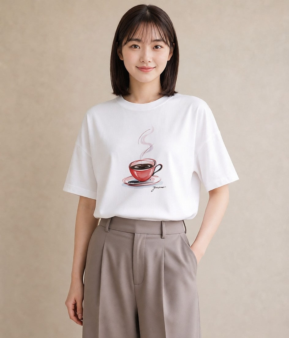 Tシャツ レディース コーヒー カフェ 珈琲 イラスト 淡色 ラフ レイヤード 白T YMAZO