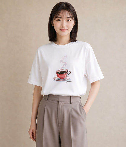 Tシャツ レディース コーヒー カフェ 珈琲 イラスト 淡色 ラフ レイヤード 白T YMAZO