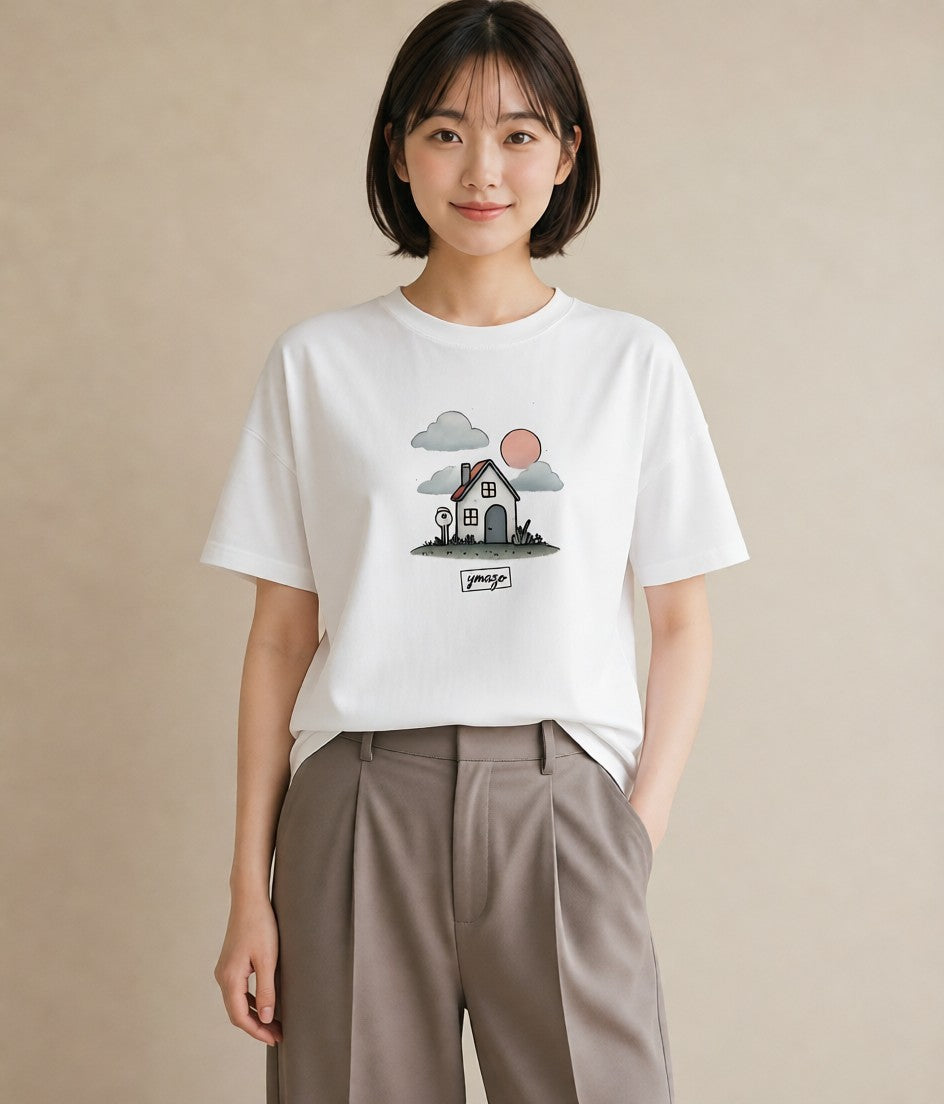 Tシャツ レディース 灯りの家 小屋 夜 ナチュラル アンティーク イラスト モード 部屋着 女性向けギフト 白T YMAZO