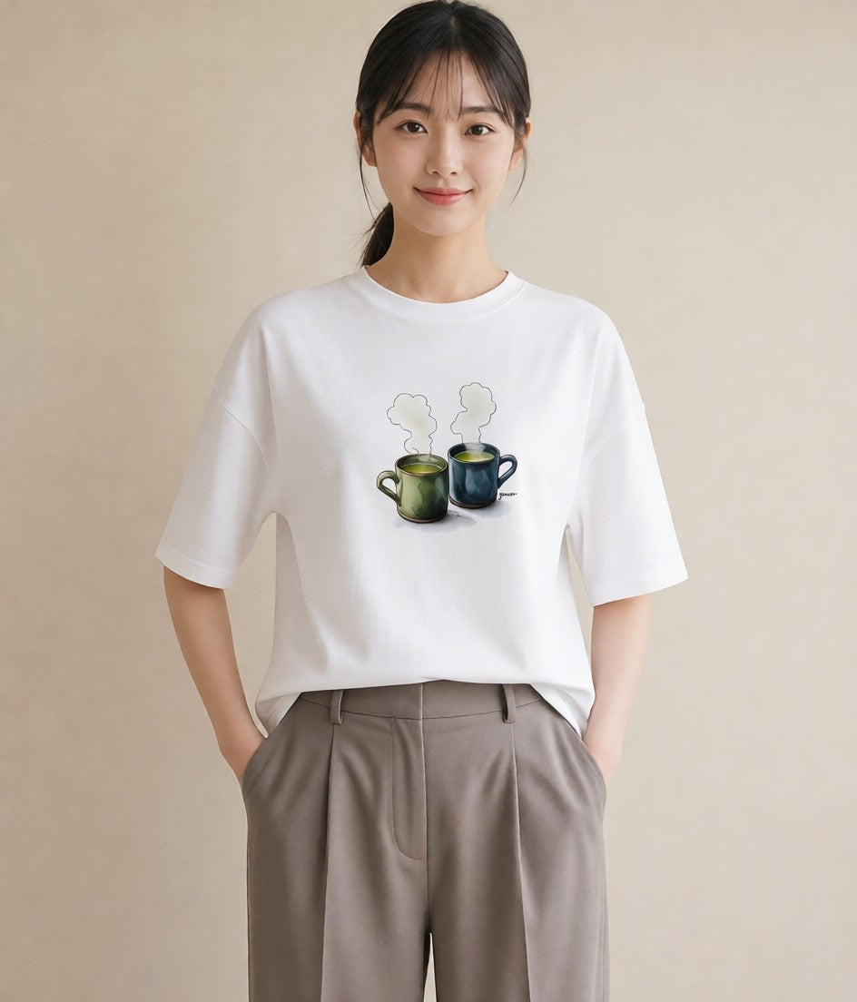 Tシャツ レディース 紅茶 食べ物 フード イラスト 線画 ミセス 春コーデ 白T YMAZO