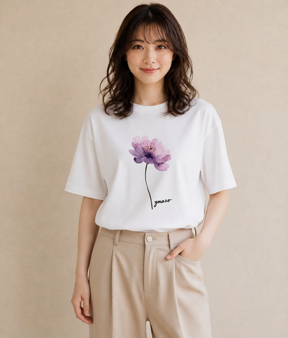 半袖Tシャツ レディース スミレ 花 花柄 イラスト ラフカジュアル 海 カフェ巡り 白T YMAZO