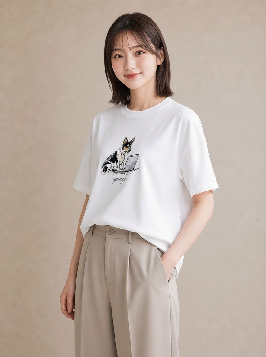 デザインTシャツ レディース 犬 いぬ イラスト シック 送別ギフト 通勤 白T YMAZO