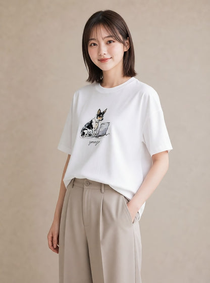デザインTシャツ レディース 犬 いぬ イラスト シック 送別ギフト 通勤 白T YMAZO
