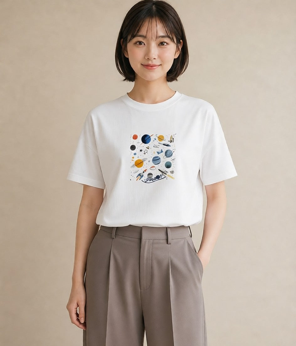 グラフィックTシャツ レディース 宇宙 星空 イラスト シック レイヤード 友達ギフト 白T YMAZO