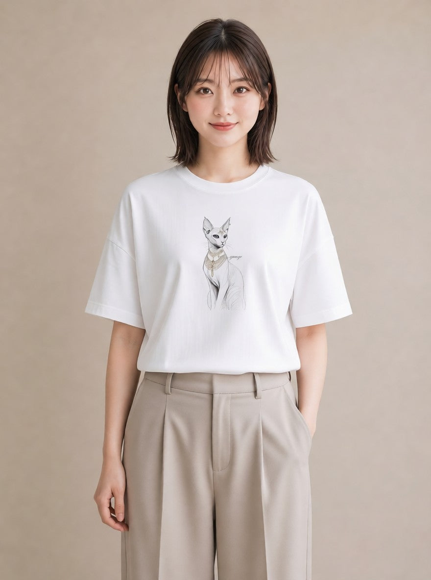 グラフィックTシャツ レディース スフィンクス 猫 ねこ イラスト 淡色 レイヤード 友達ギフト 白T YMAZO