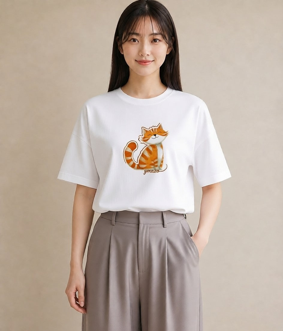 プリントTシャツ レディース しっぽ 猫 ねこ イラスト ヴィンテージ風 社会人 女性 白T YMAZO