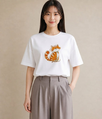 プリントTシャツ レディース しっぽ 猫 ねこ イラスト ヴィンテージ風 社会人 女性 白T YMAZO
