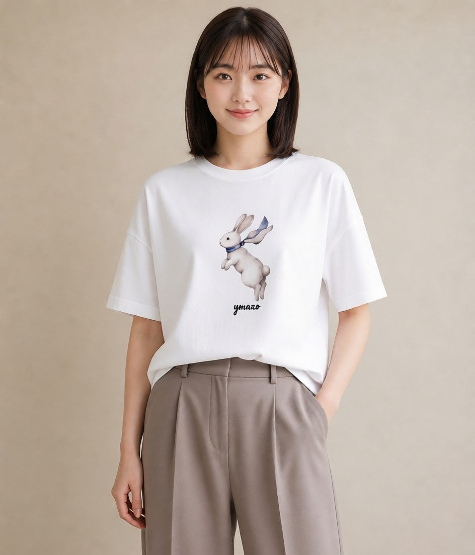 プリントTシャツ レディース うさぎ ウサギ ラビット ペット 動物 イラスト 上品 部屋着 女性向けギフト 白T YMAZO