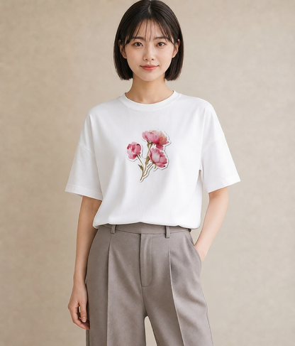デザインTシャツ レディース 彼岸花 花 花柄 イラスト ラフ レイヤード 白T YMAZO