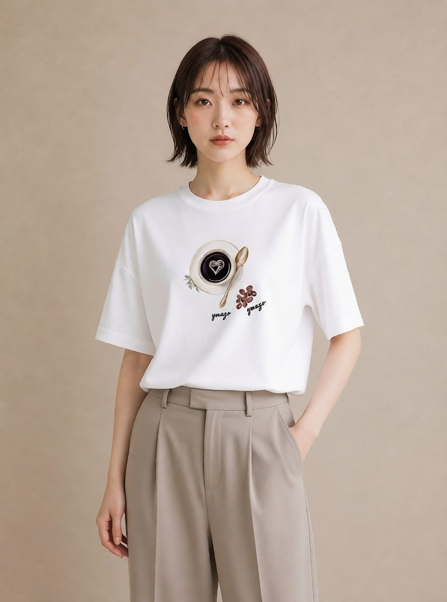 グラフィックTシャツ レディース カフェオレ 食べ物 フード イラスト こなれ感 友達ギフト 部屋着 白T YMAZO