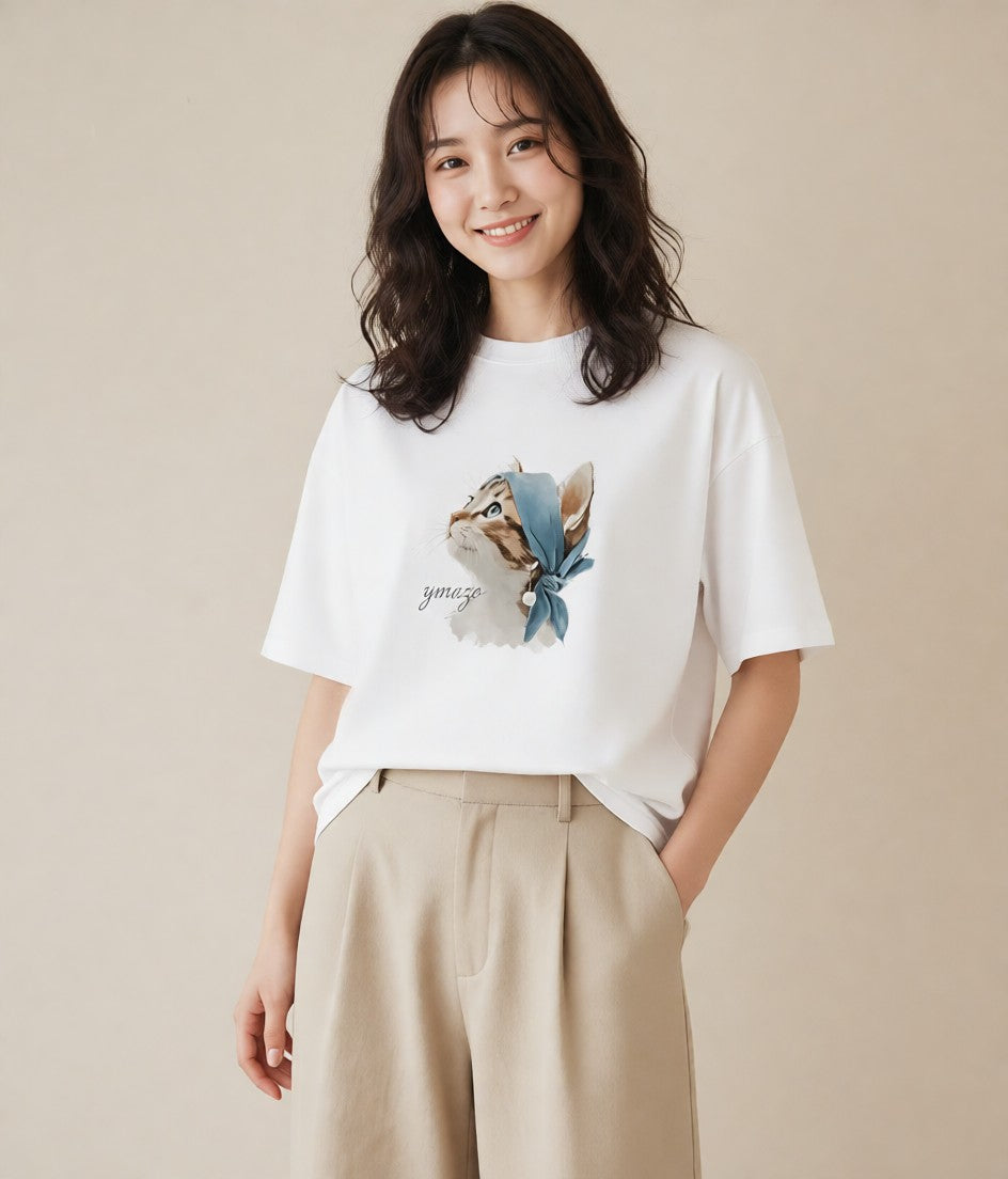 プリントTシャツ レディース アビシニアン 猫 ねこ イラスト アート風 ミセス 春コーデ 白T YMAZO