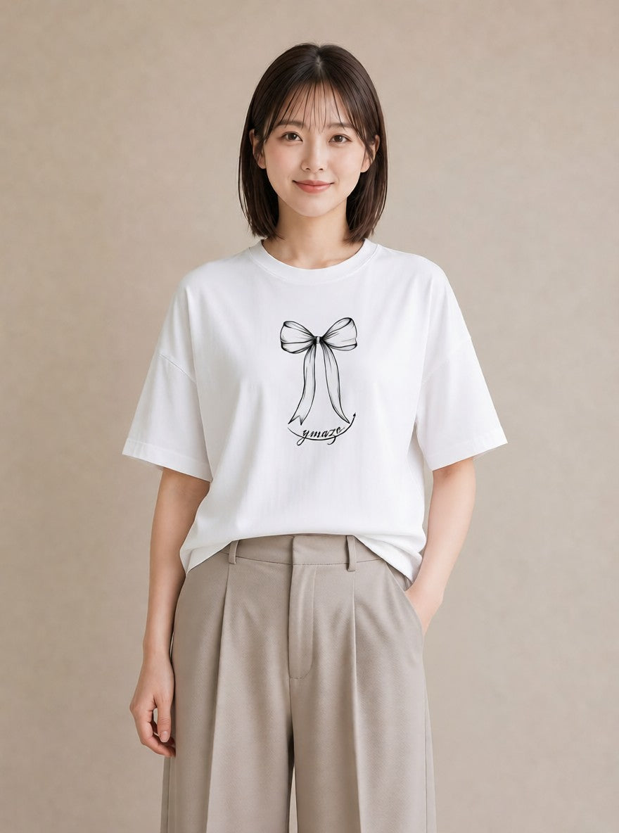 Tシャツ レディース リボン ボウ りぼん イラスト ヴィンテージ風 母の日 ビーチ 白T YMAZO