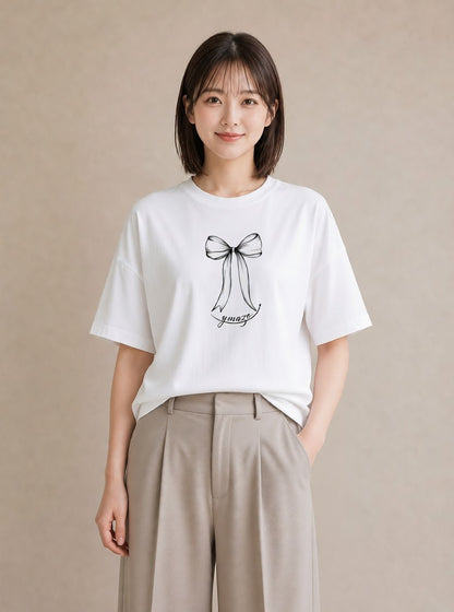 Tシャツ レディース リボン ボウ りぼん イラスト ヴィンテージ風 母の日 ビーチ 白T YMAZO