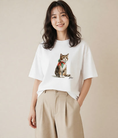 グラフィックTシャツ レディース アメリカンショートヘア 猫 ねこ イラスト きれいめカジュアル 普段着 週末コーデ 白T YMAZO