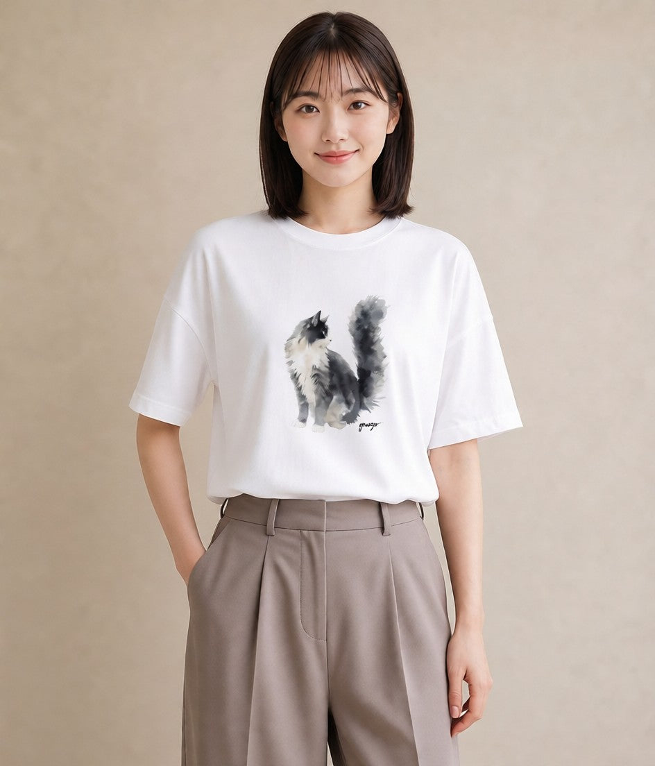 デザインTシャツ レディース ソマリ 猫 ねこ イラスト 上品 誕生日プレゼント 綿100 白T YMAZO