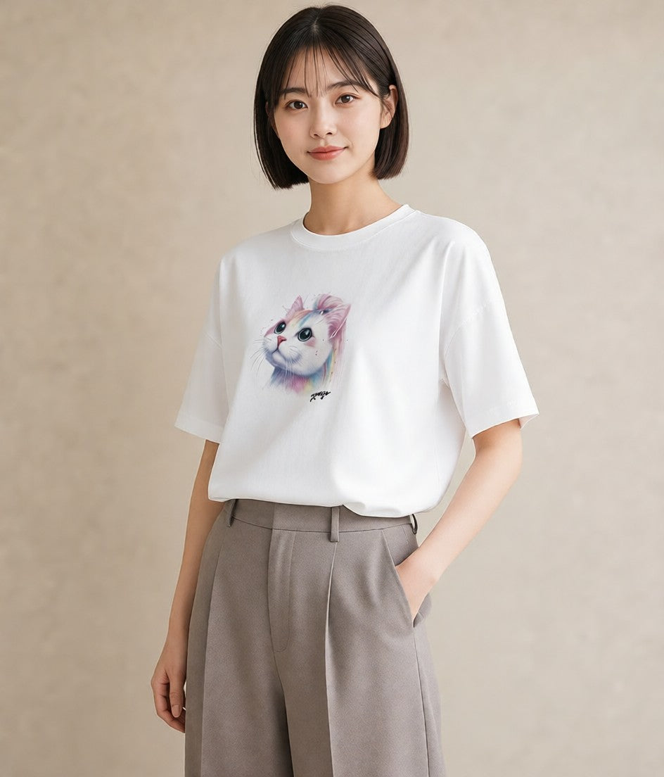 プリントTシャツ レディース ニャンコ 猫 ねこ イラスト お洒落 買い物 夏コーデ 白T YMAZO
