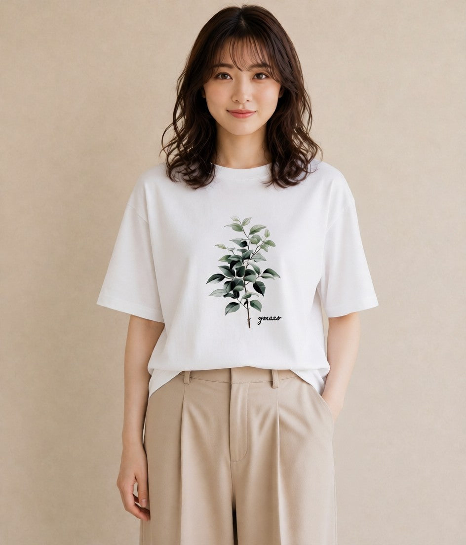 プリントTシャツ レディース ユーカリ 植物 ボタニカル イラスト 可愛い ペアコーデ 秋コーデ 白T YMAZO
