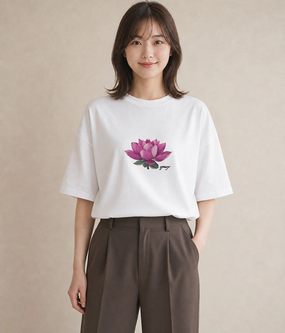 プリントTシャツ レディース 蓮 花 花柄 イラスト 淡色 お出かけ 普段着 白T YMAZO