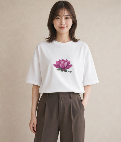 プリントTシャツ レディース 蓮 花 花柄 イラスト 淡色 お出かけ 普段着 白T YMAZO