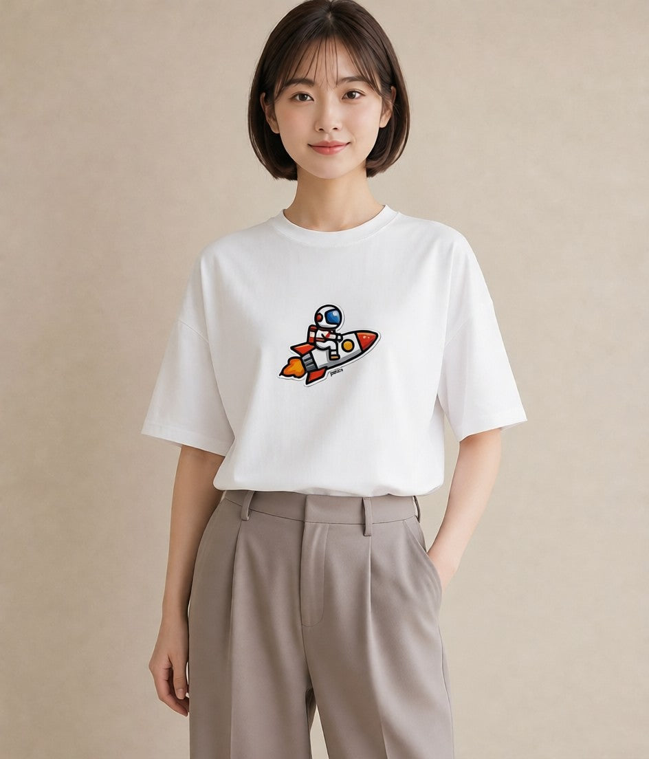 プリントTシャツ レディース ロケット 星空 宇宙 イラスト ユニーク ミセス 春コーデ 白T YMAZO