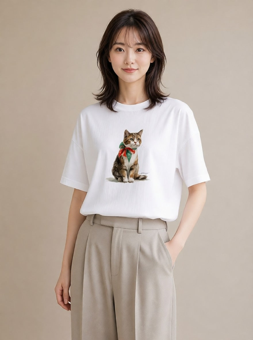 Tシャツ レディース ぶち猫 猫 ねこ イラスト モード お出かけ 普段着 白T YMAZO