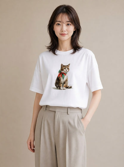 Tシャツ レディース ぶち猫 猫 ねこ イラスト モード お出かけ 普段着 白T YMAZO