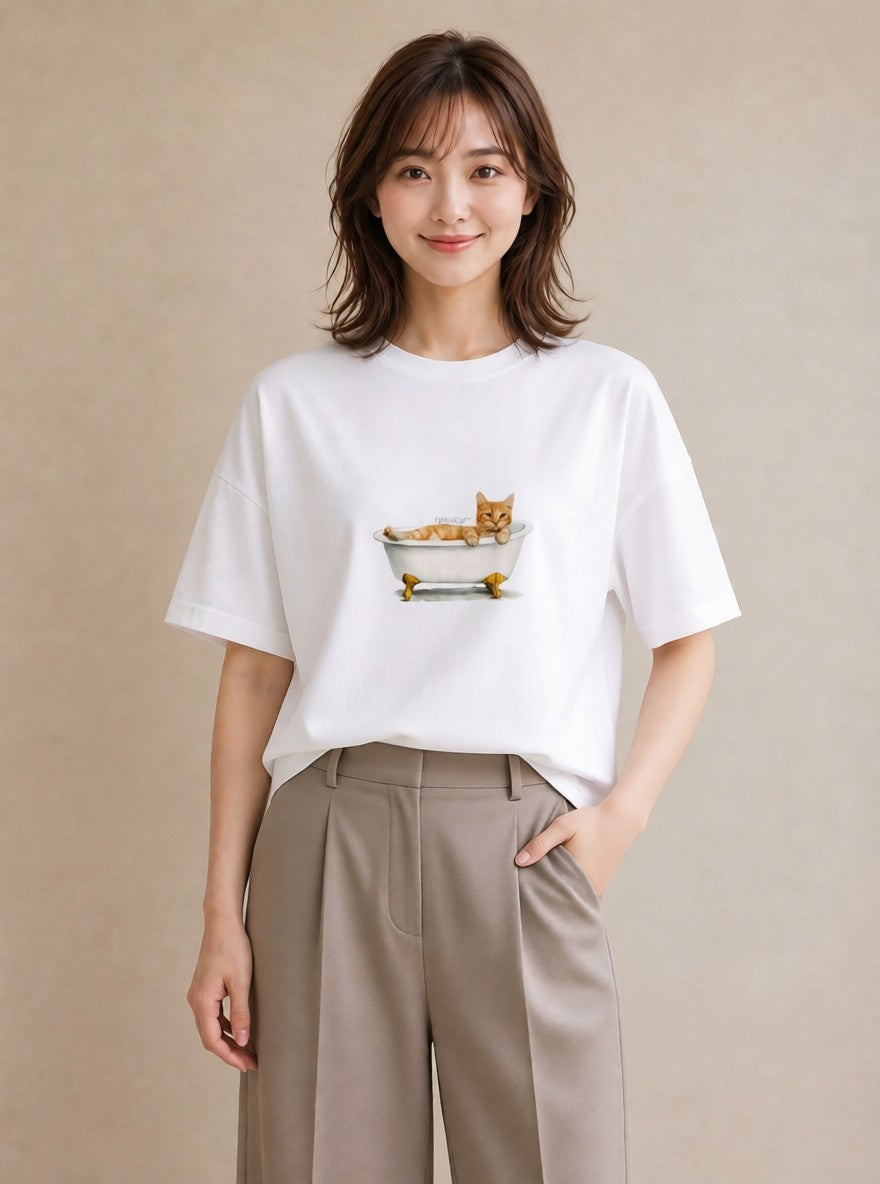 プリントTシャツ レディース 茶トラ 茶猫 猫 ねこ イラスト 北欧風 デイリーウェア 休日 白T YMAZO