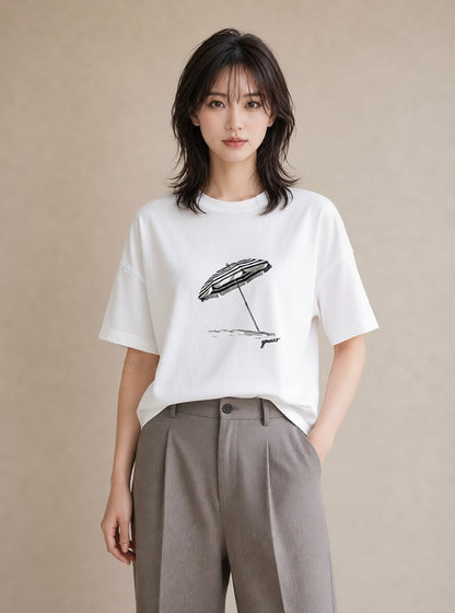グラフィックTシャツ レディース 傘 水たまり 雨 ナチュラル アンティーク イラスト 韓国風 送別ギフト 通勤 白T YMAZO