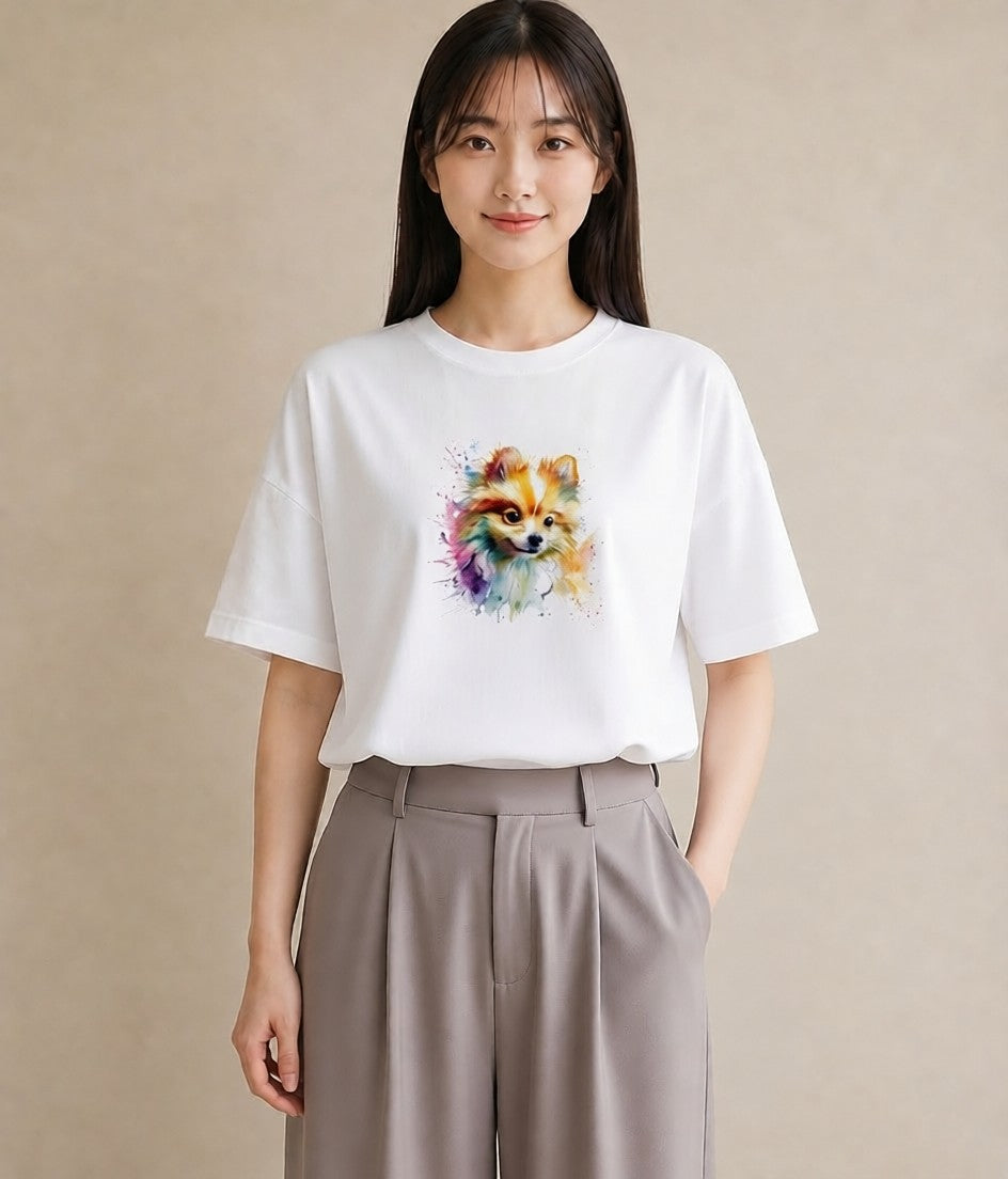 プリントTシャツ レディース ポメラニアン ポメ 犬 いぬ イラスト 淡色 お出かけ 普段着 白T YMAZO