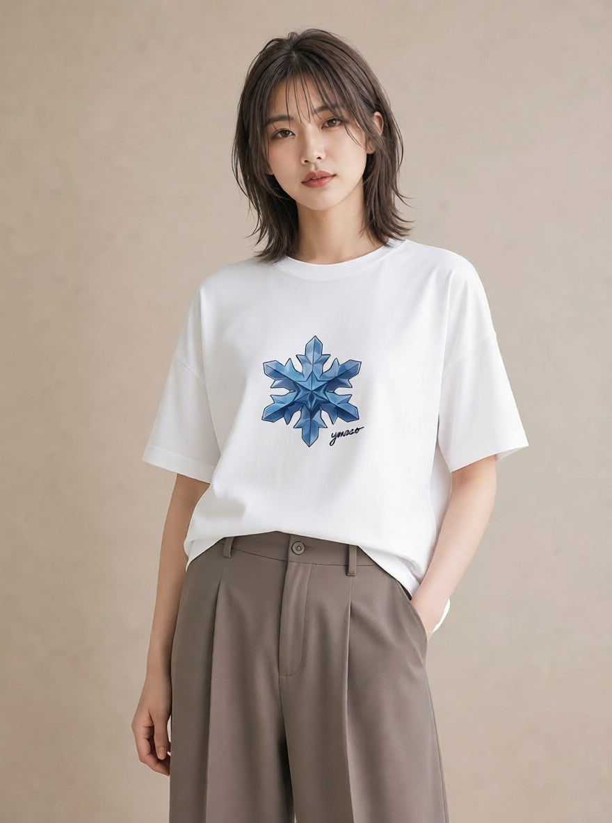 Tシャツ レディース 雪の結晶 星空 宇宙 イラスト 普段使い デイリーウェア 休日 白T YMAZO