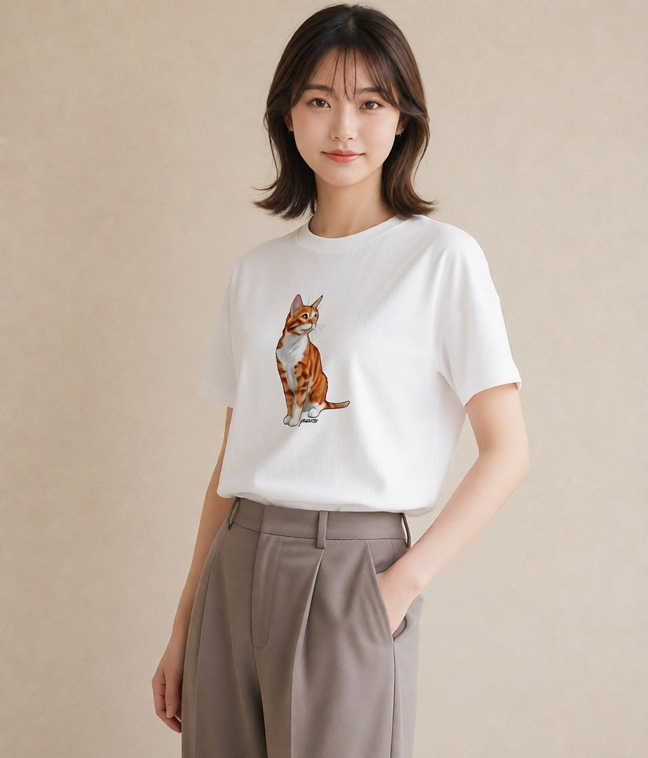 半袖Tシャツ レディース 猫 ねこ イラスト 抜け感 誕生日プレゼント 綿100 白T YMAZO