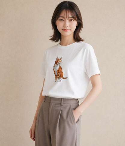 半袖Tシャツ レディース 猫 ねこ イラスト 抜け感 誕生日プレゼント 綿100 白T YMAZO